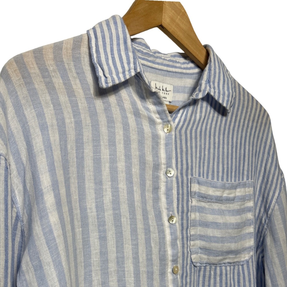 Nicole Miller New York 100% Linen Hi-Lo Mixed Stripe Pattern Top Blue White Sz S